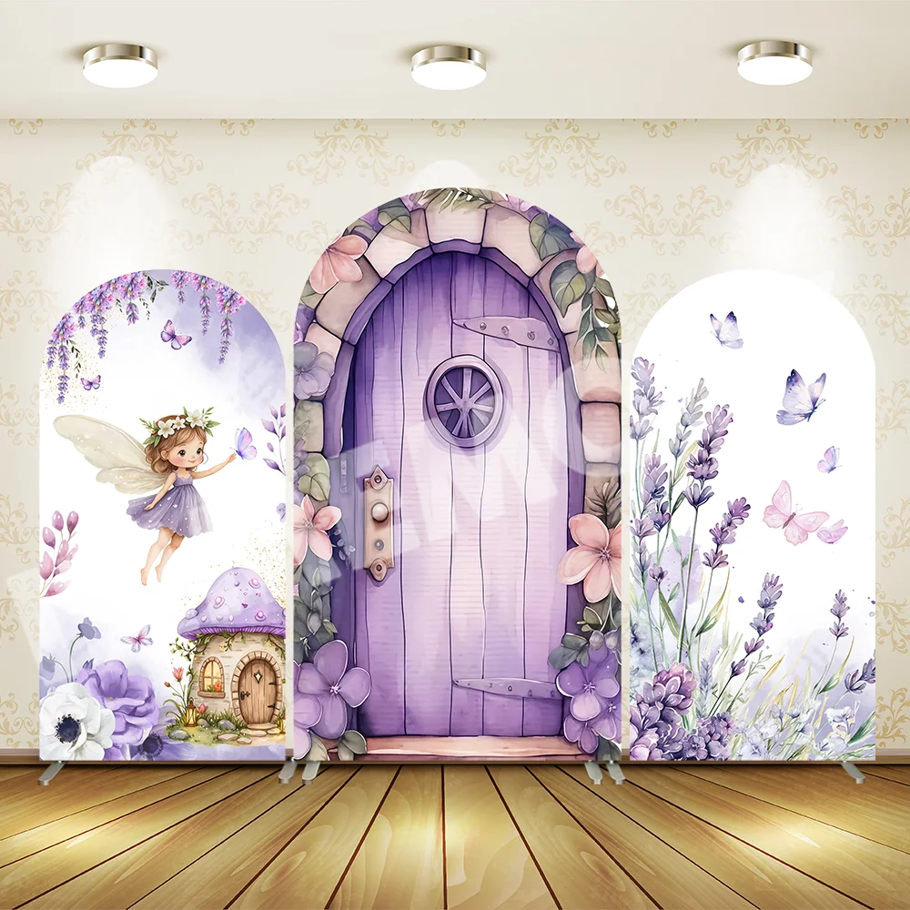 Purple Fairy Woodhouse Arch Backdrop Cover Girls Birthday Banner Baby Shower Party Decors Floral Butterfly Arch Background