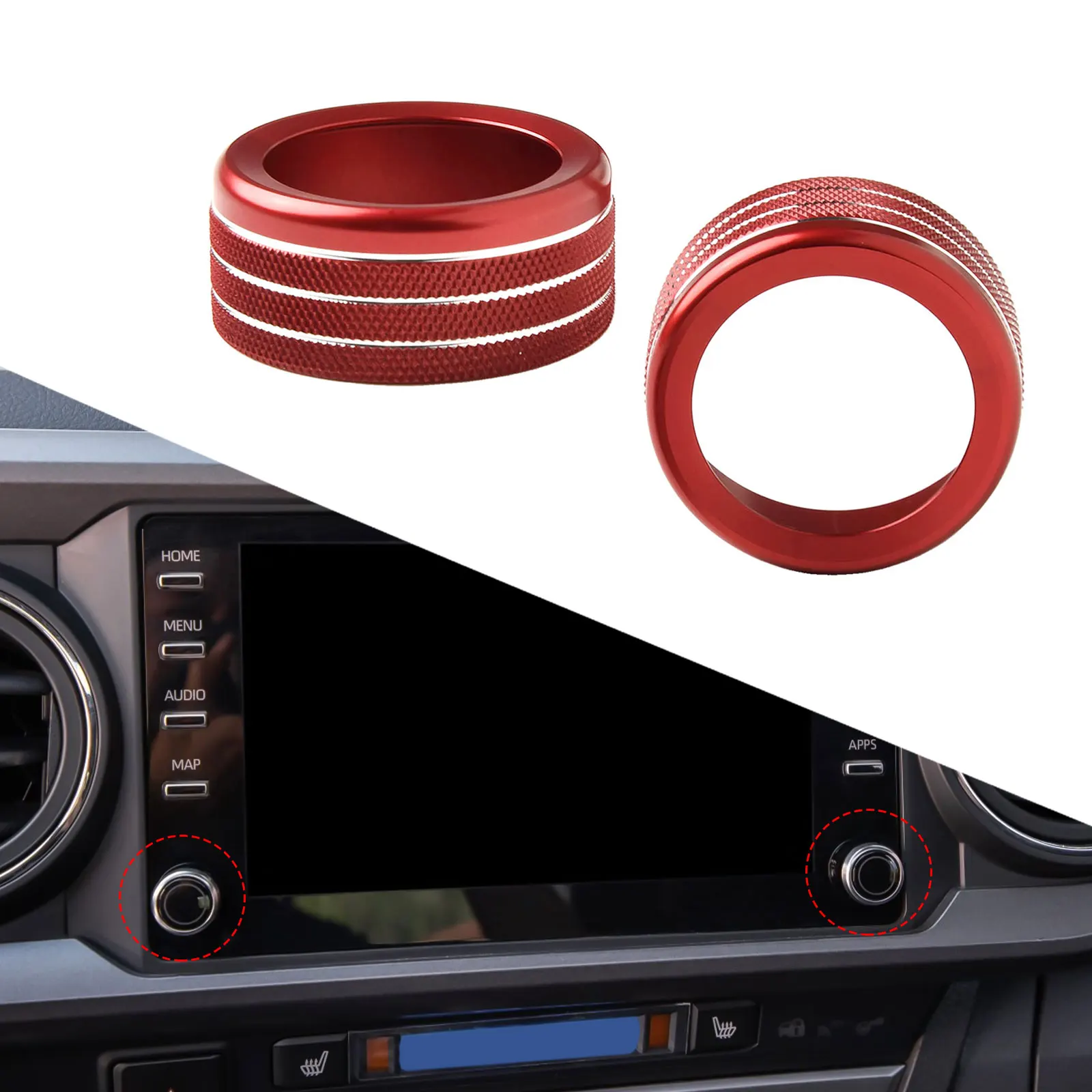 

2X Car Red Alloy Volume Radio Switch Knob Covers For Toyota For Tacoma 2020-2023 Button Knob Covers For Audio Radio Switch