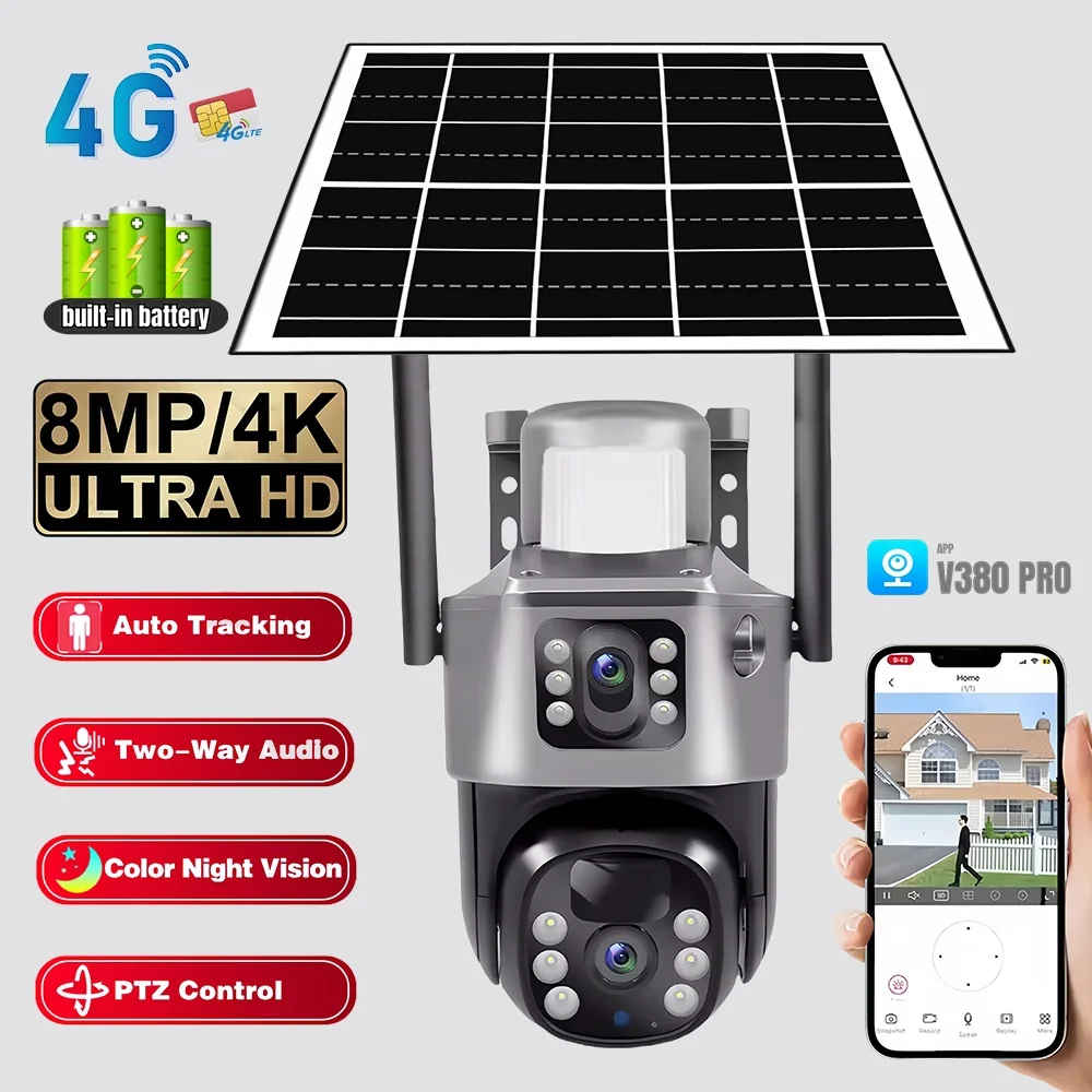 

8 МП 4G IP-камера на солнечной энергии V380 Pro, беспроводная PTZ-камера для видеонаблюдения с PIR-датчиком, отслеживанием движения, для наружного использования, защита и безопасность, CCTV