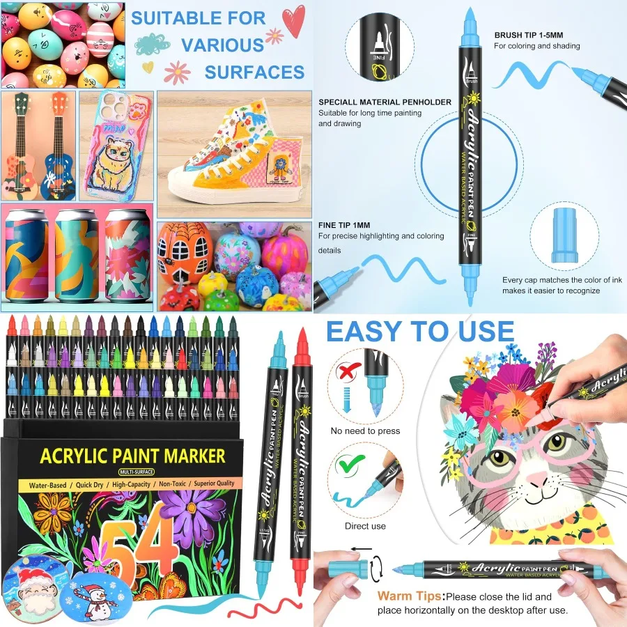 

54-цветные ручки для акриловой краски с двойным наконечником и кончиками кистей для рисования камня, холста, камня, стекла, искусства и сделай сам