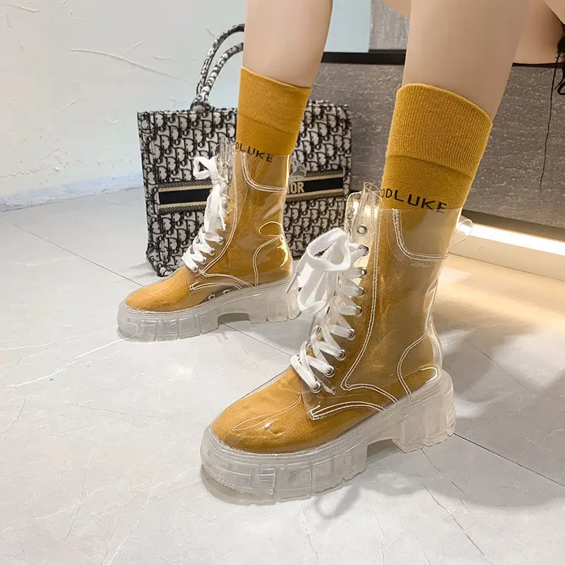 2022 Cool Fashion Women Transparent Platform Boots Waterproof Ankle Boots Feminine Clear Heel Short Boots Sexy Female Rain Shoes