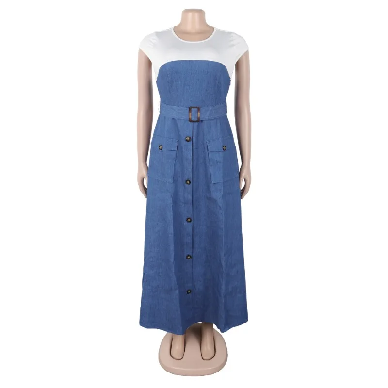

Fashion Short Sleeve Pocket White Blue Denim Patchwork A-Line Dresses with Belt Woman Summer Elegant Bodycon Jean Dress 2025 New