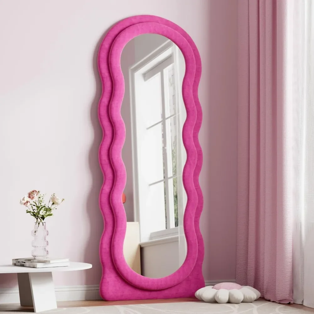 Miroir pleine longueur sur pied, miroir ondulé irrégulier, monté au mur, miroir ondulé debout pour chambre à coucher, salon, rose vif, 63 po x 24 po