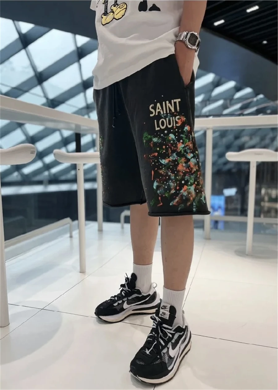 Vintage Sssaint Louis Inkjet Graffiti Diamond Washed Shorts High Street Casual Loose Sports Rock Hip Hop Men and Women Cotton