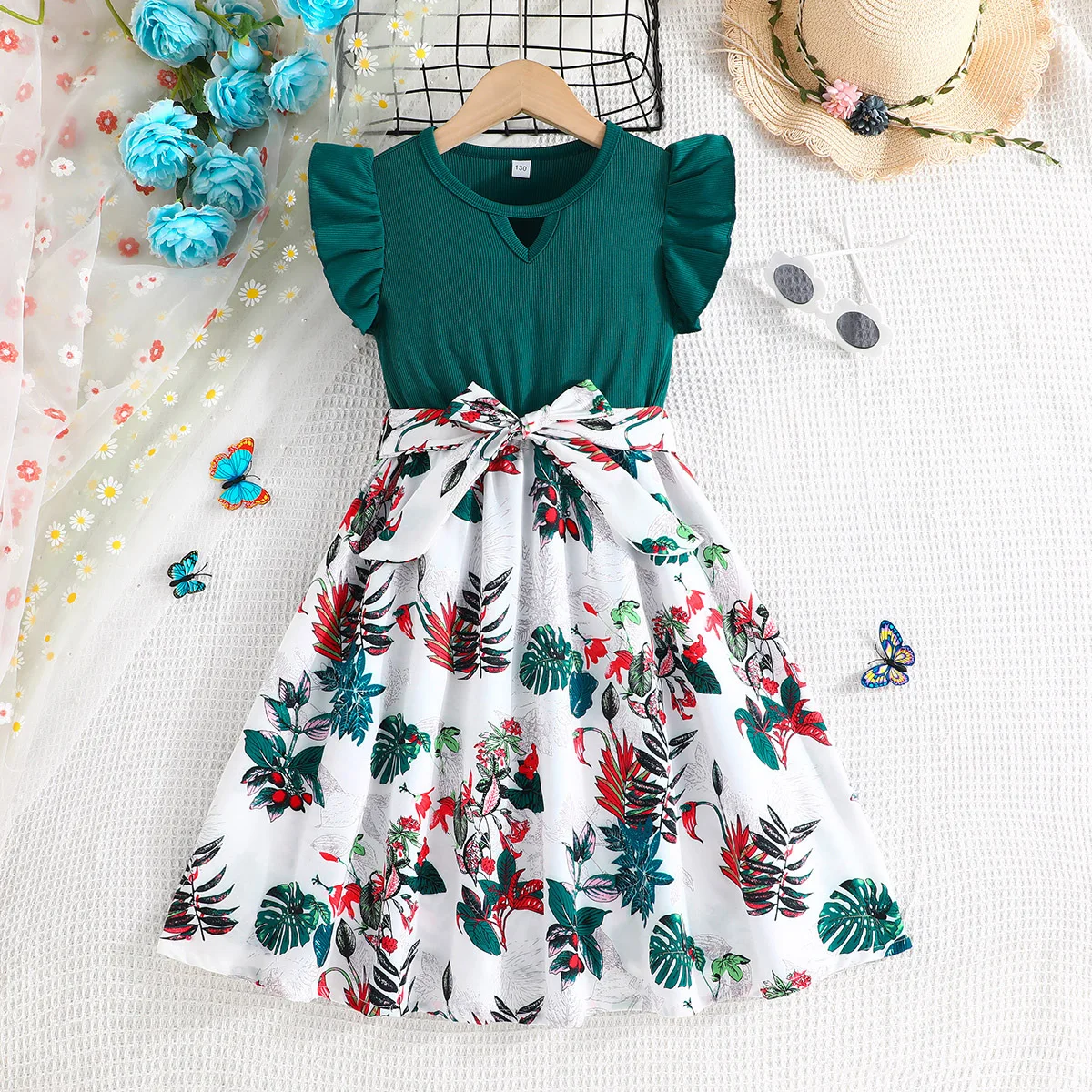 

7-12 Years Kids Birthday Dress Emerald Green Ruffled Sleeveless Floral Princess Party Dresses Beach Dresses Ootd For Baby Girls