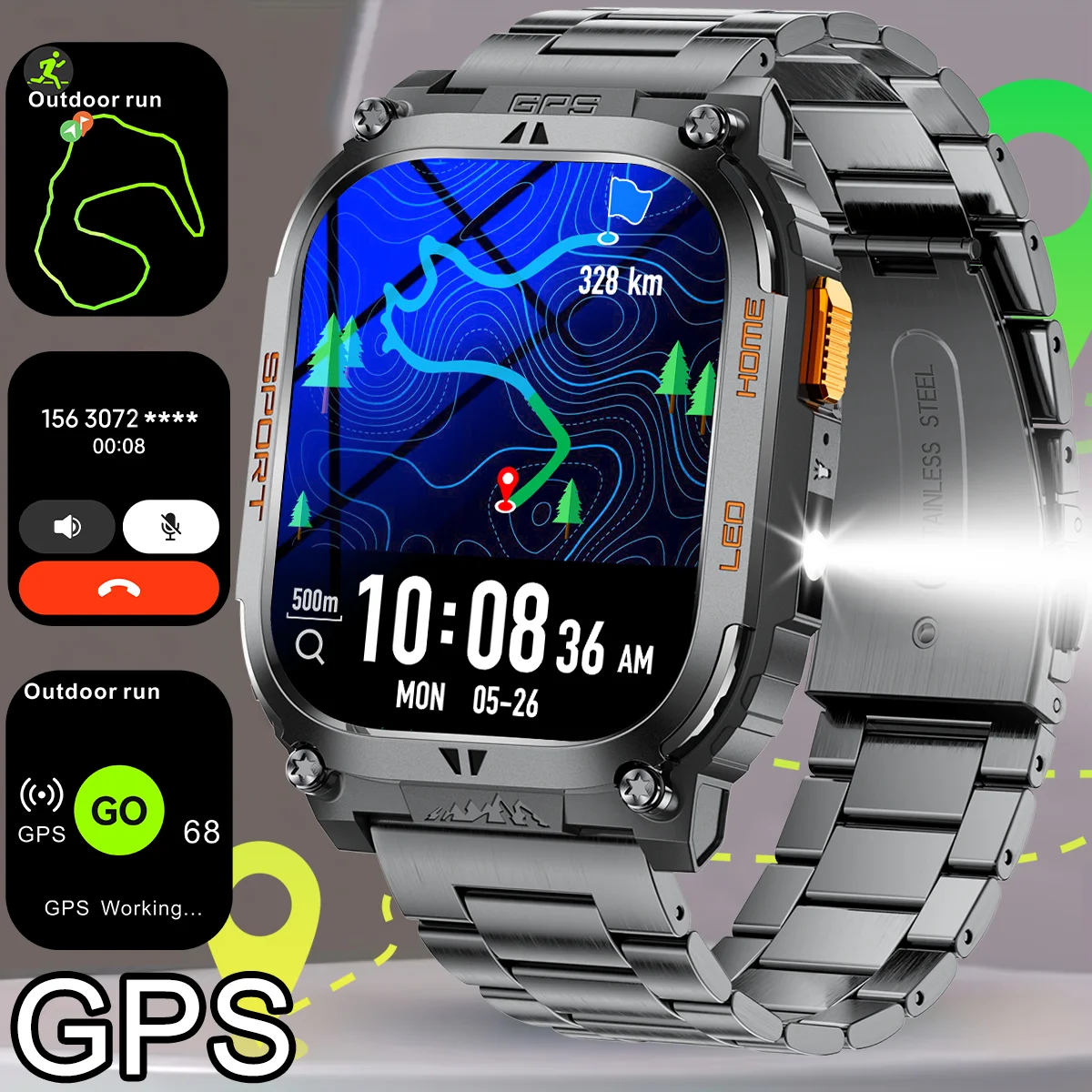 

Военные GPS-смарт-часы с AMOLED-дисплеем 2.01 дюйма, встроенным компасом, барометрическим альтиметром, фонариком, функцией звонков по Bluetooth, водонепроницаемый браслет