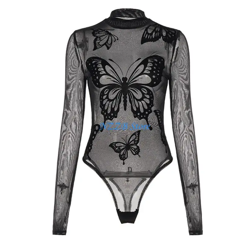 بدلة نسائية T21F على شكل فراشة شفافة من خلال شبكة بأكمام طويلة ورقبة وهمية