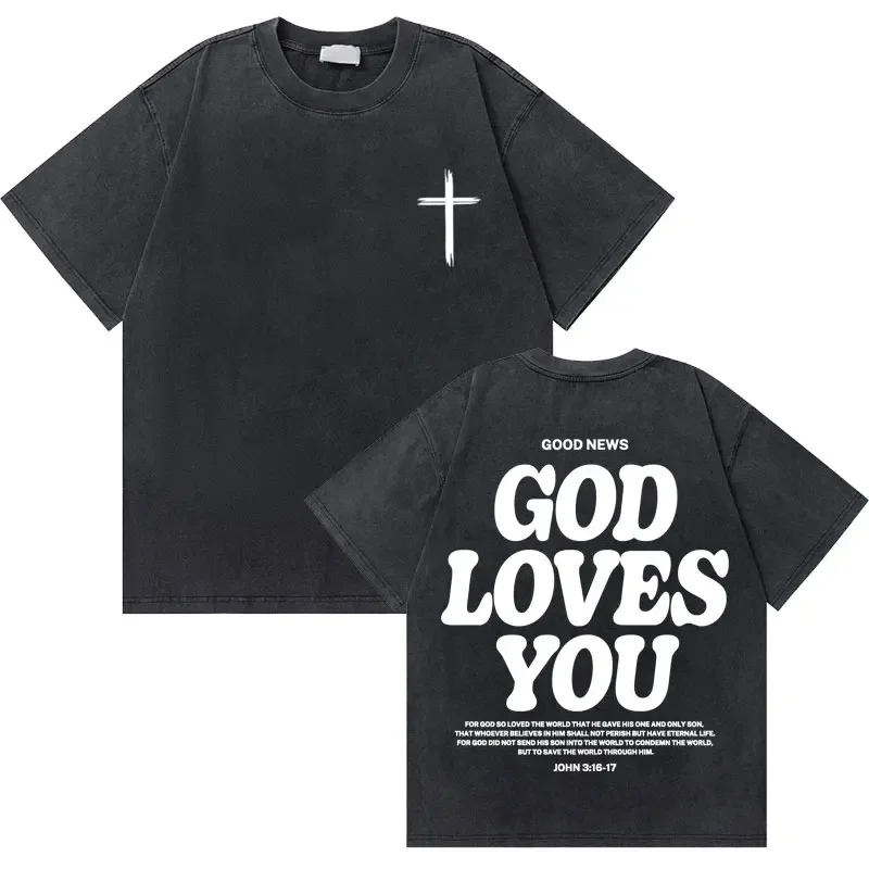 Washed Vintage Christian Jesus Good News God Loves You Bible Verse Graphic T-shirts Men Women Fashion Casual Oversized T Shirt