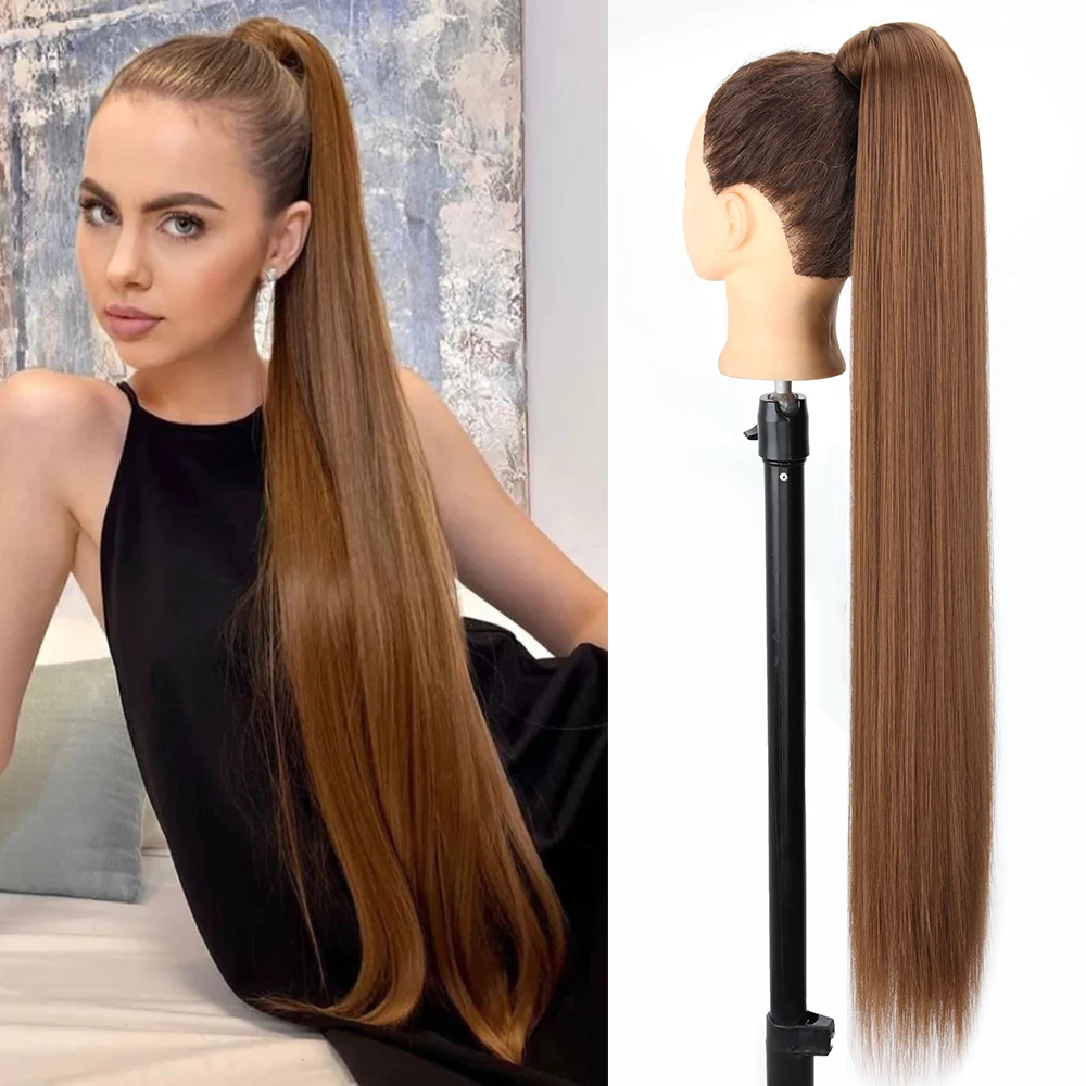 Synthetic 34 Inch Long Straight Ponytail Hair Extensions Natural Brown Wrap Around Clip In Pony Tail Hairpiece For Women