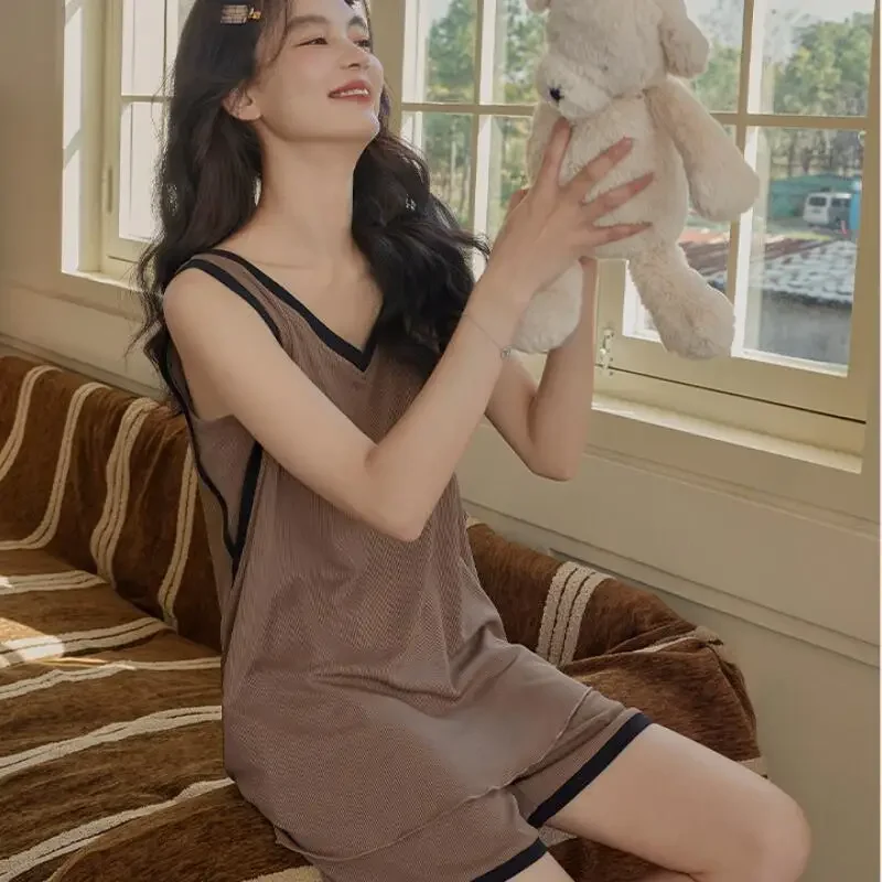 New Summer Women Soft Comfort Sleepwear Set Thin Style with Builtin Chest Cushion Sleeveless Vest Short Fashion Home Clothingset