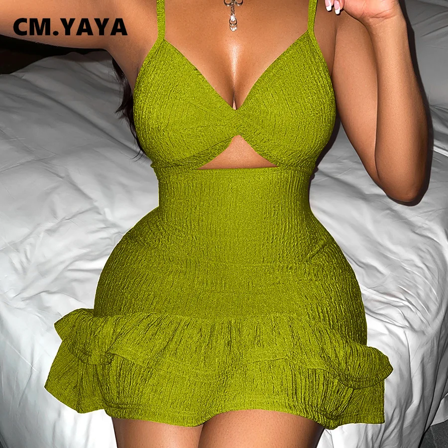 CM.YAYA Women Cut Out High Waist Sleevelesss Strap Ruffles Smock Dress 2025 Summer Female Street Night Club Party  Dresses