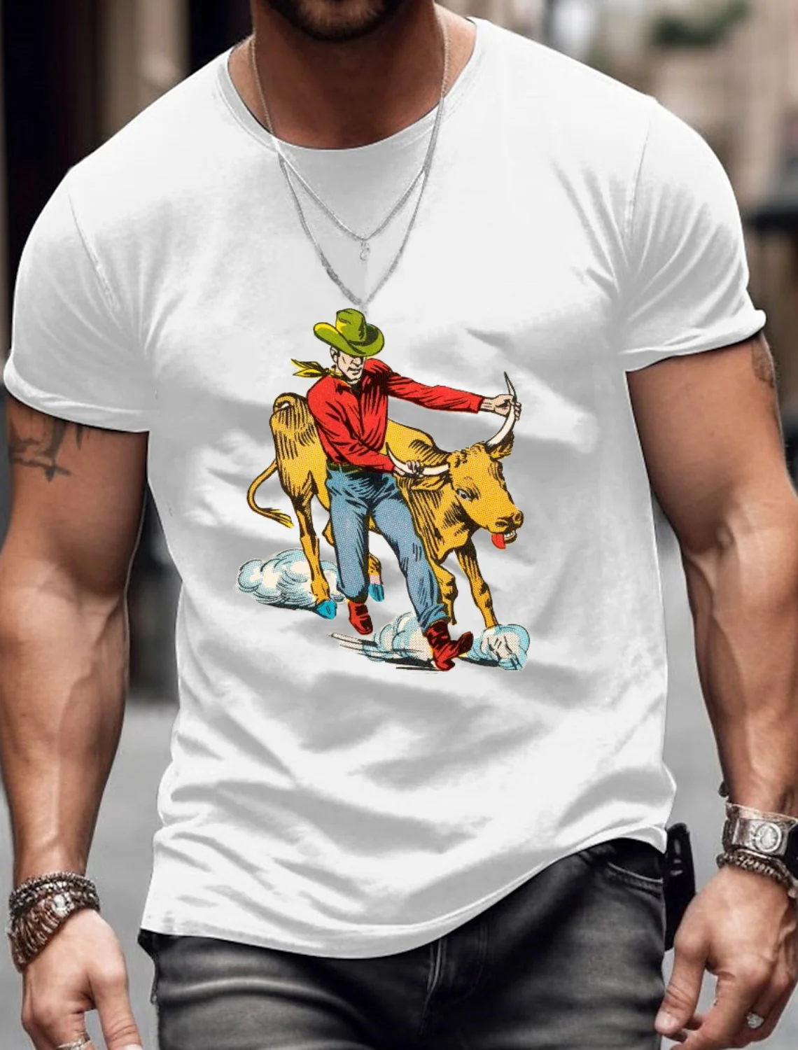 

Men's Funny Graphic T-Shirt, Denim Casual Top, Loose Round Neck, Short-Sleeved, Pure Cotton Street Clothing, Trendy