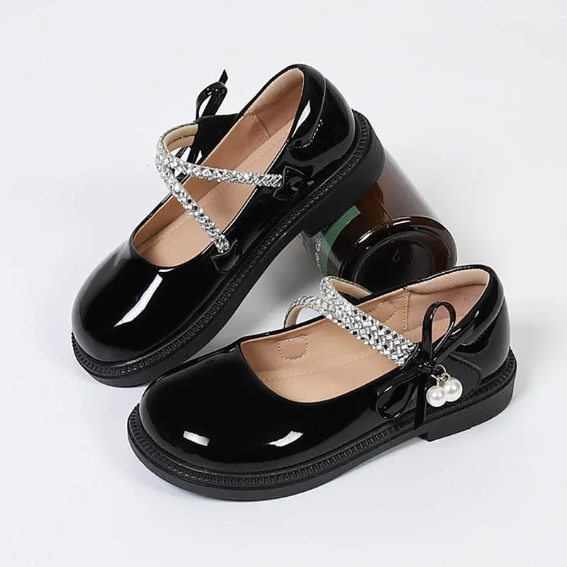 Kids Leather Shoe 2024 Autumn Girls School Black Flat Shoes Lolita Bowknot Princess Fashion Children Performance Mary Jane Shoes