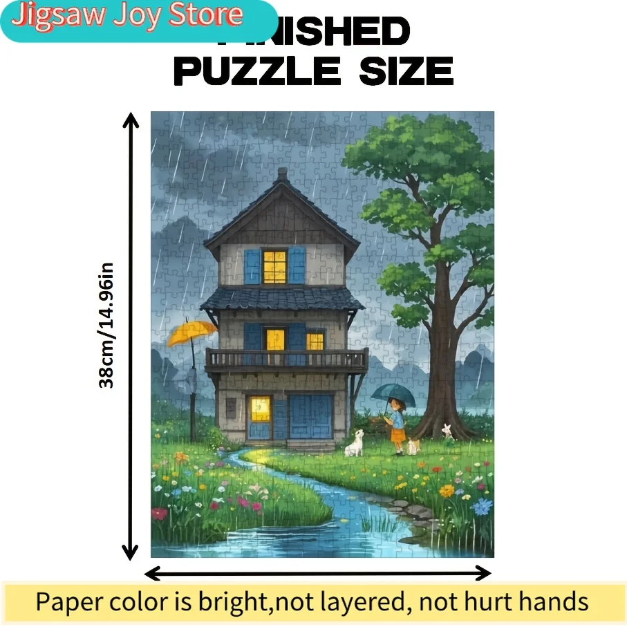 Quebra-Cabeça para Adultos - Cena de Chuva de Verão com Casa, Árvores e Guarda-chuvas, Jogo Educativo e Divertido para Festas, Decoração de Casa, B