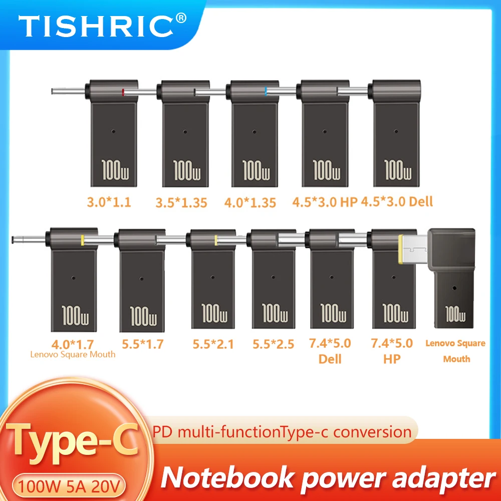 TISHRIC Ładowarka do laptopa Złącze zasilania Adapter PD 100W 5A USB Type-C żeński na DC męski do HP/Lenovo/DELL