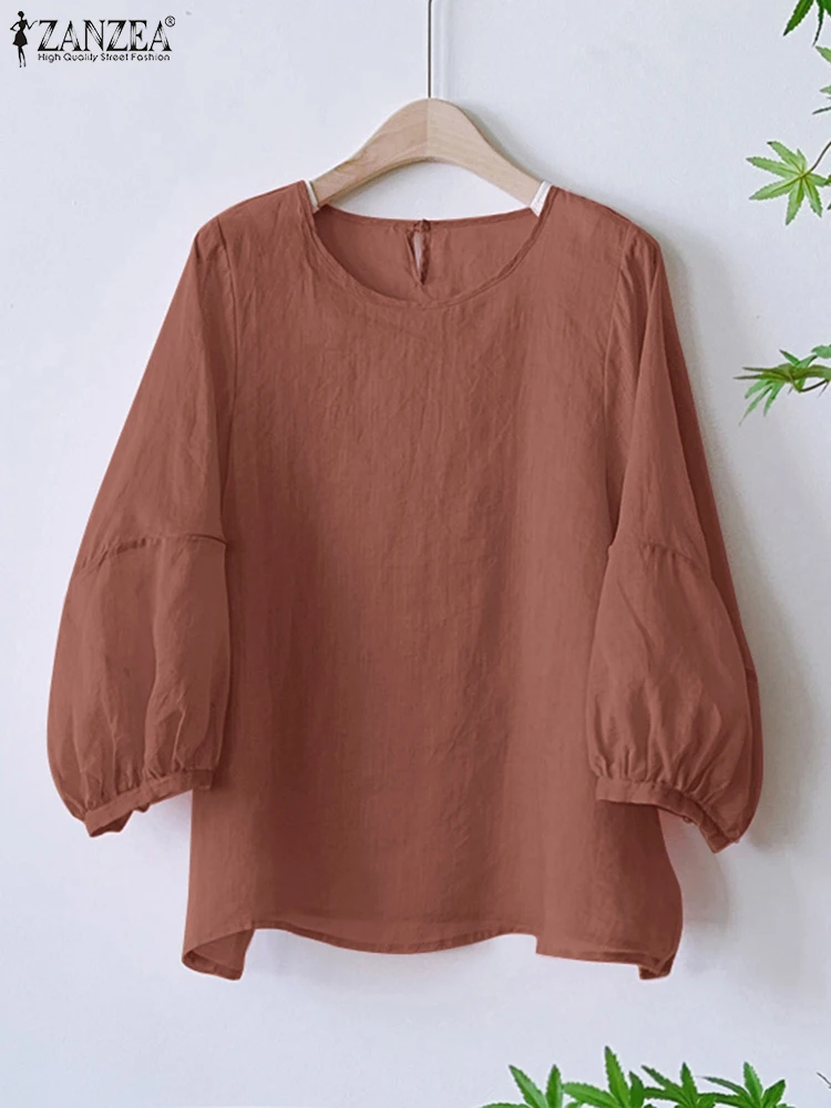 ZANZEA Lantern Sleeve Women\'s Blouses 2025 Spring Summer Loose Casual Solid Blusas Mujer Vintage O Neck 3/4 Sleeve Smock Tops