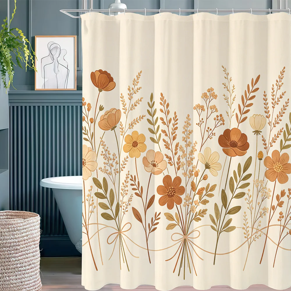 Warm Brown Dried Flower Bouquet Shower Curtain, Retro Earth Tone Shower Curtain, Polyester Fabric with 12 Hooks, Washable Bathro