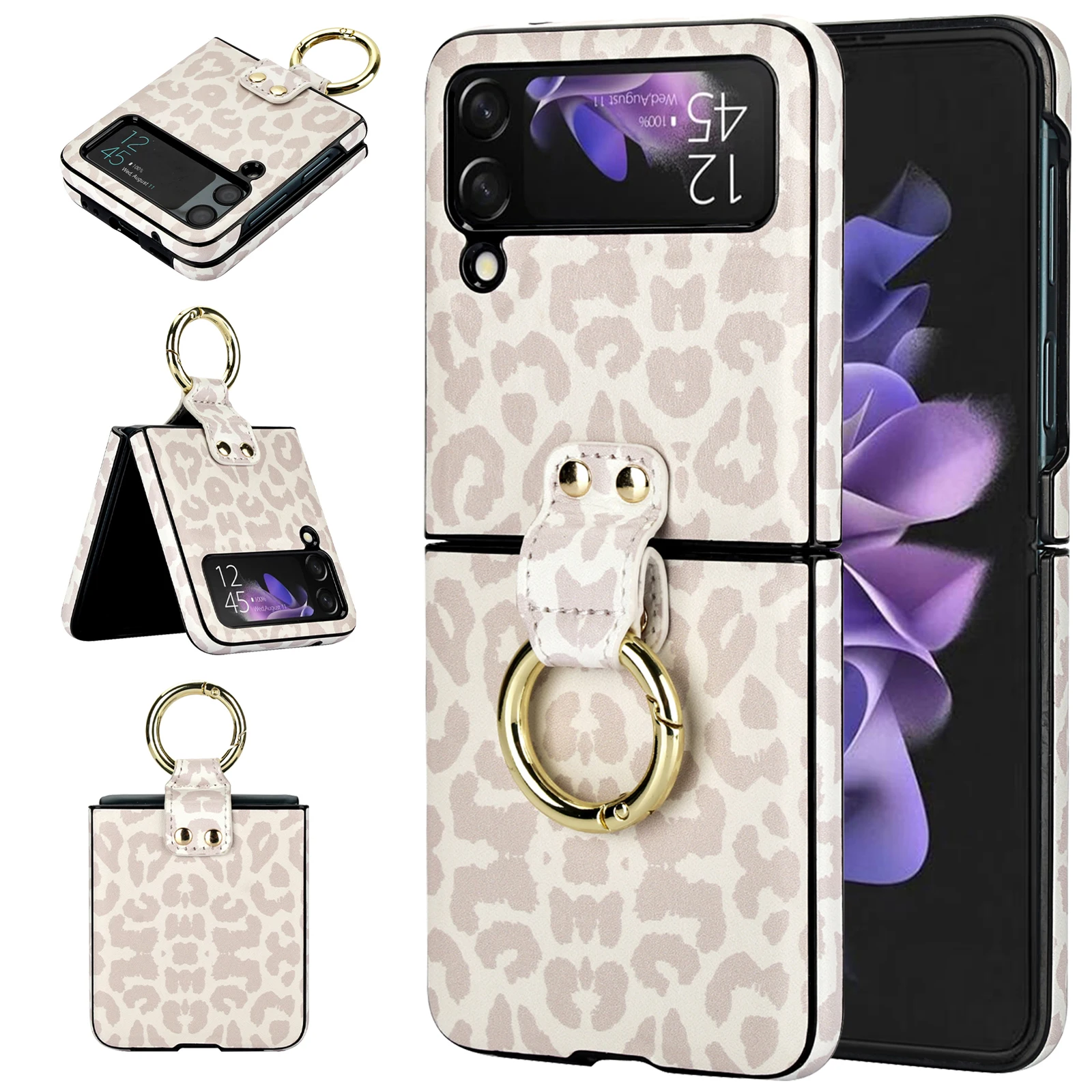 

Leather Leopard Pattern Phone Cover, Carbon Fiber Texture Case, Shockproof Ring Case for Samsung Galaxy Z Flip 4 5 3 Flip5