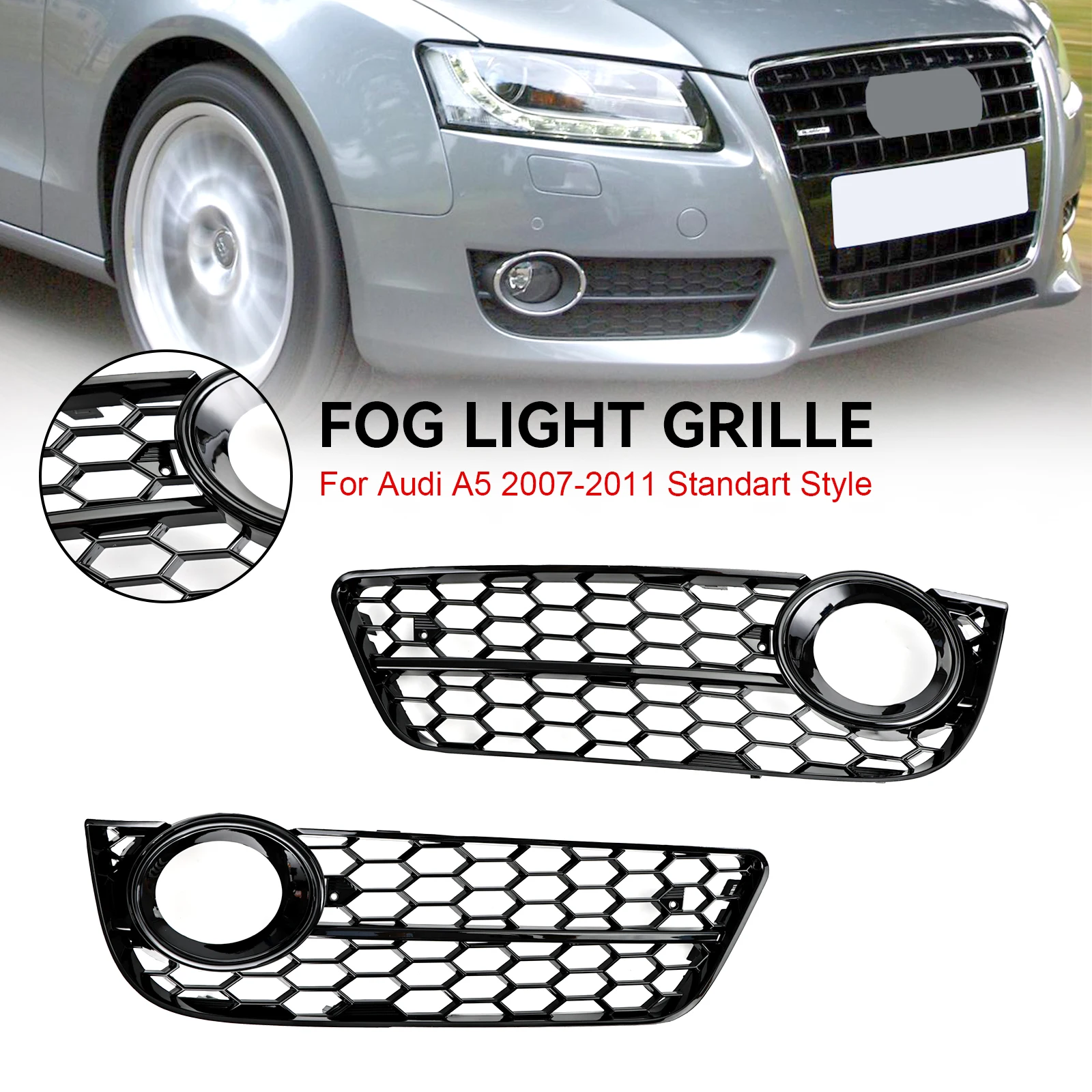 Areyourshop Pair Honeycomb Front Fog Lamp Cover Grille Grill for Audi A5 2007 2008 2009 2010 2011