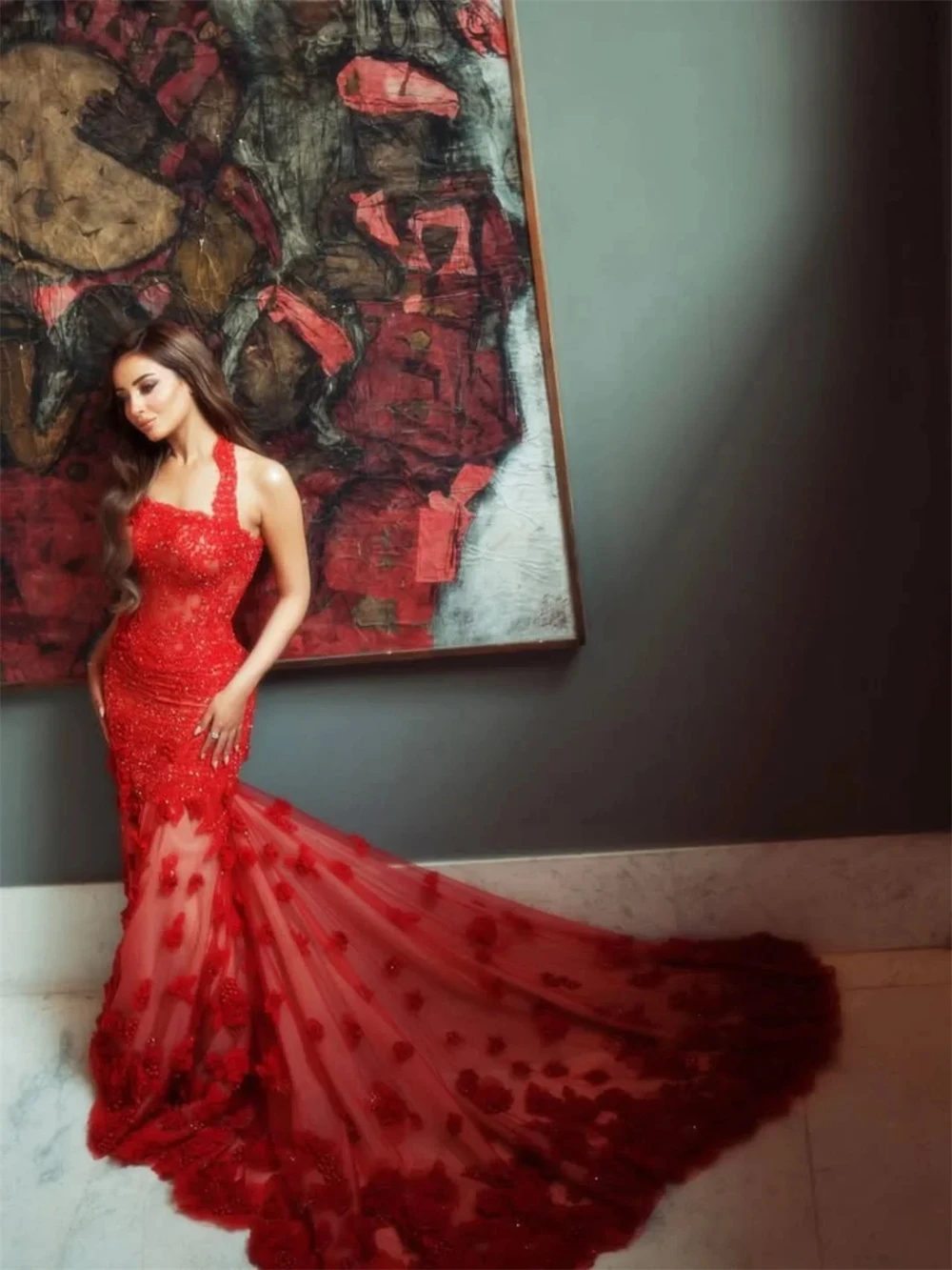 

Классическое красное вечернее платье из органзы по индивидуальному заказу, торжественное платье без рукавов с лямкой на шее, сексуальное платье русалки с цветами знаменитостей