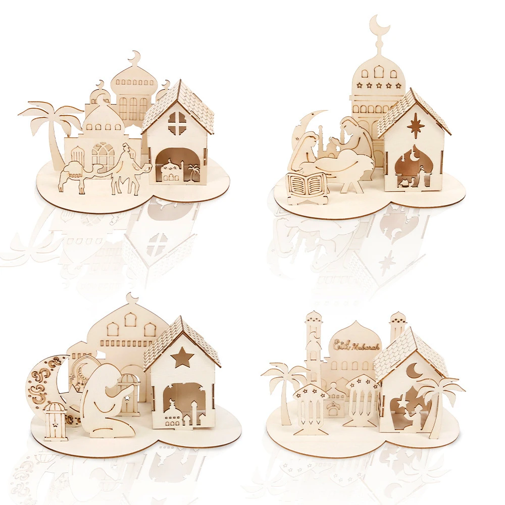 4 Sets of Holiday Castle Jigsaw Puzzle Ornaments Toys Wooden Courtyard Children Handmade DIY Stereo Decorative Desktop Ornaments