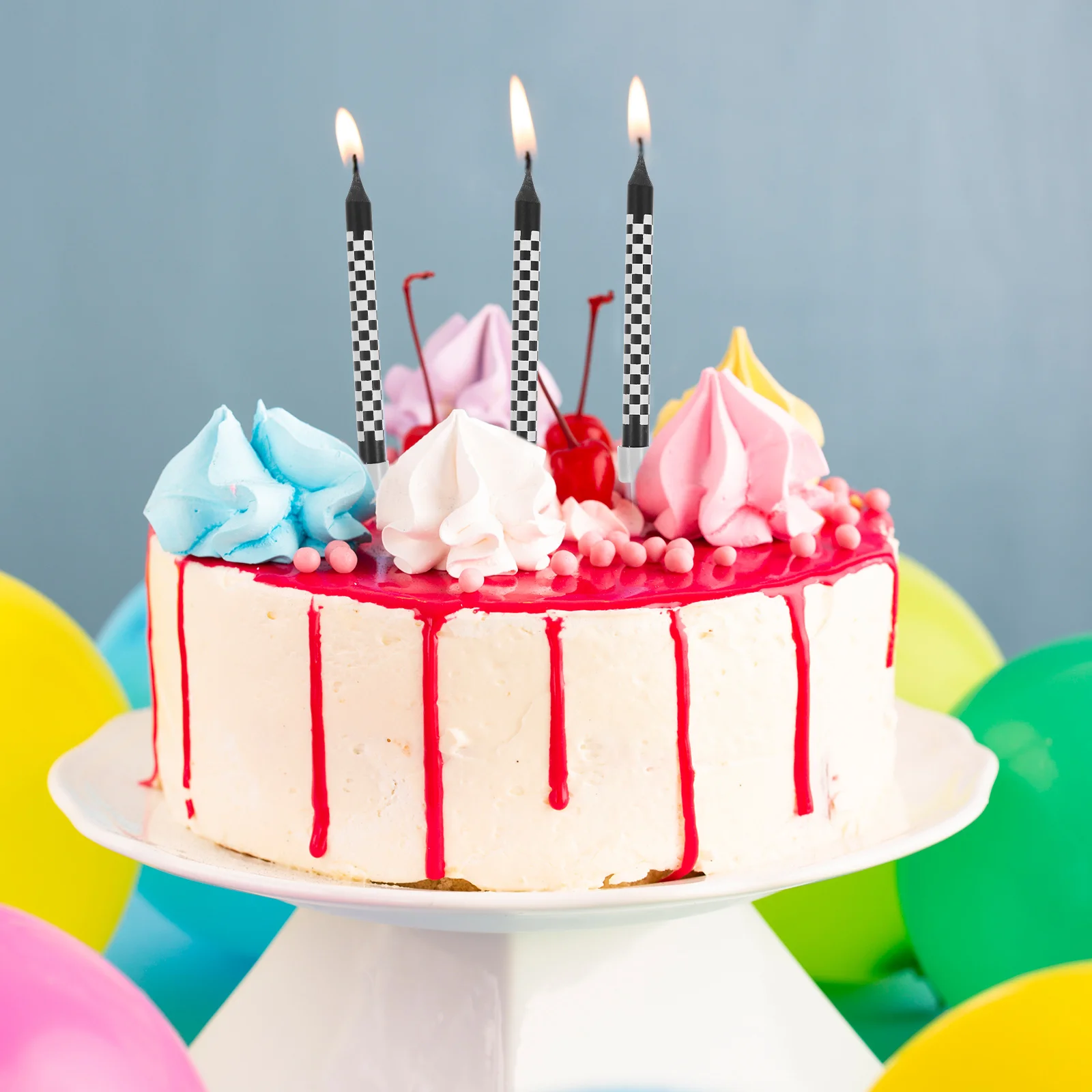

12pcs Festive Cake Candles Black Checkered Print Birthday Party Decor Wedding Shower Baking Event Celebration Accessories