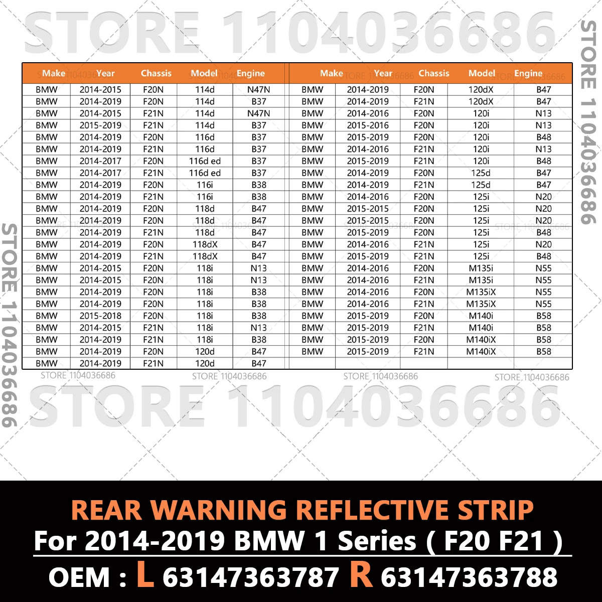 For 2014-2019 BMW 1 Series (F20 F21) Rear Bumper Reflector Warning Reflective Strip 63147363787 63147363788