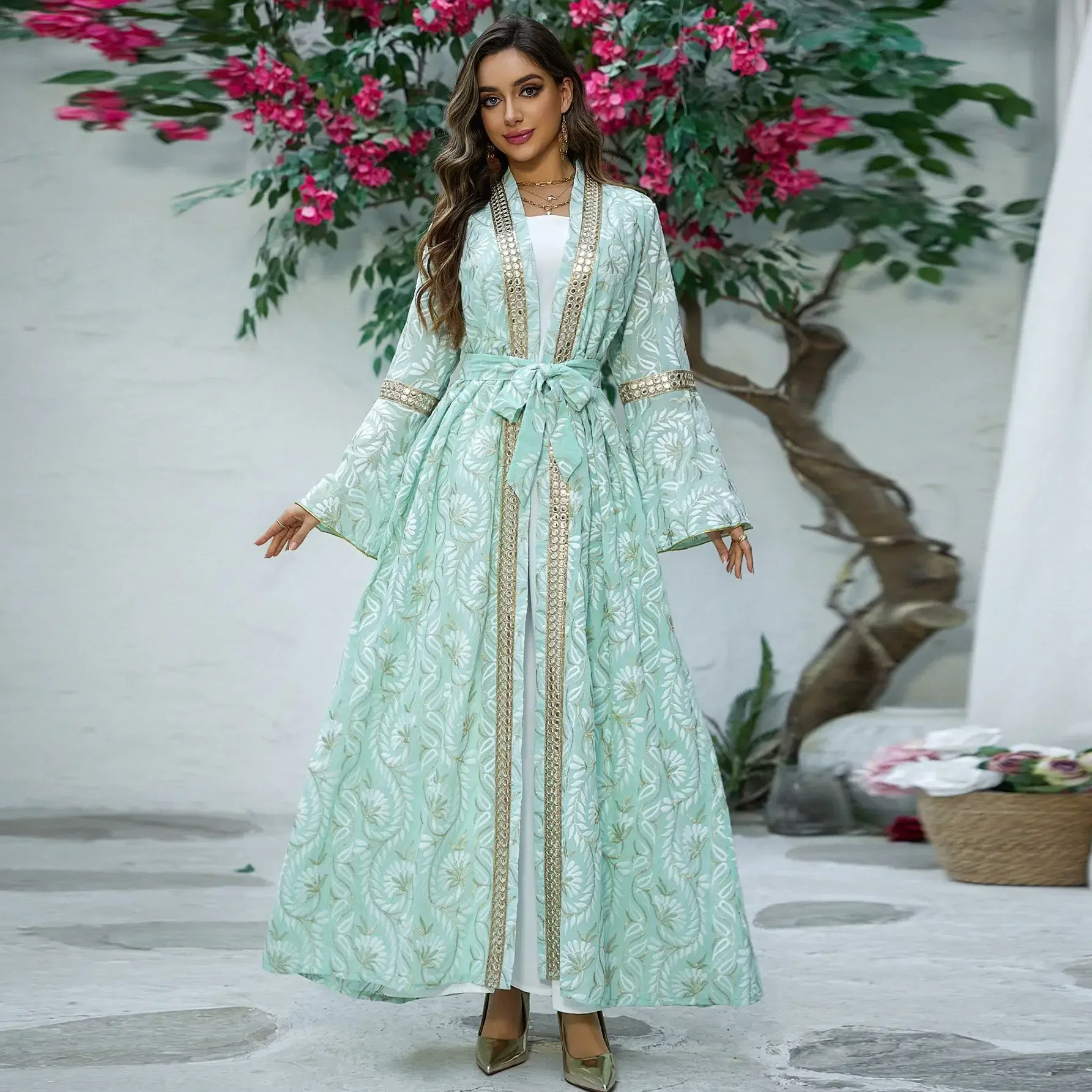 Eid Muslim Set for Women Embroidery Kimono Jalabiya Maxi Dress Dubai Abaya Kaftan Kebaya Marocain Femme Robe Caftan Ramadan Gown
