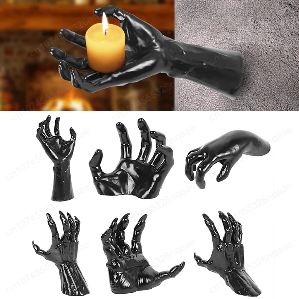 Devil Hand Statue Candle Holder Halloween Black Demon Hand Sculpture Wall Mounted Gothic Spooky Devil Hand Ornament Home Decor