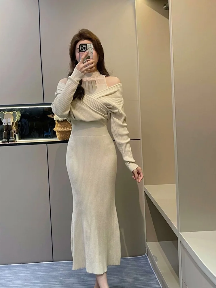 

Syj ujia plus Size Knitted off oulder Long Dr with Lace Waist Cinching Fi Tail Design Casual Commute Sle High Waist