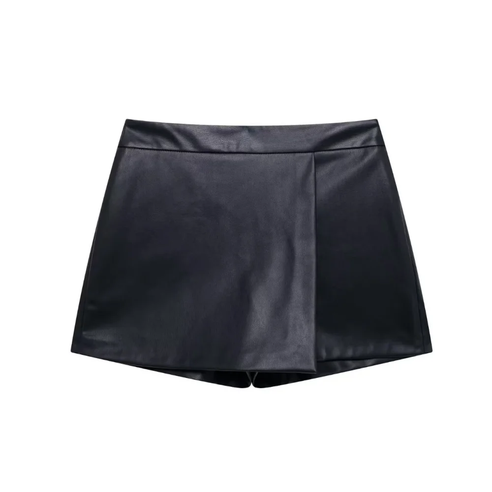 Women's minimalist faux leather high waisted temperament short skirt pants autumn and winter new casual shorts pants skirt