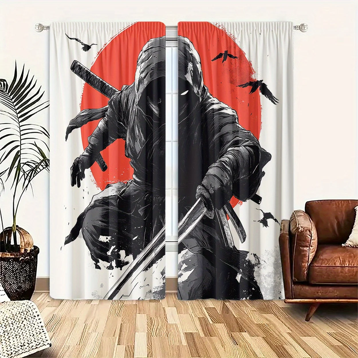 Ninja Warrior Assassin Curtain, Japanese Samurai Red Sun Blackout Drapes, Martial Arts Window Treatment for Boys Room Gaming