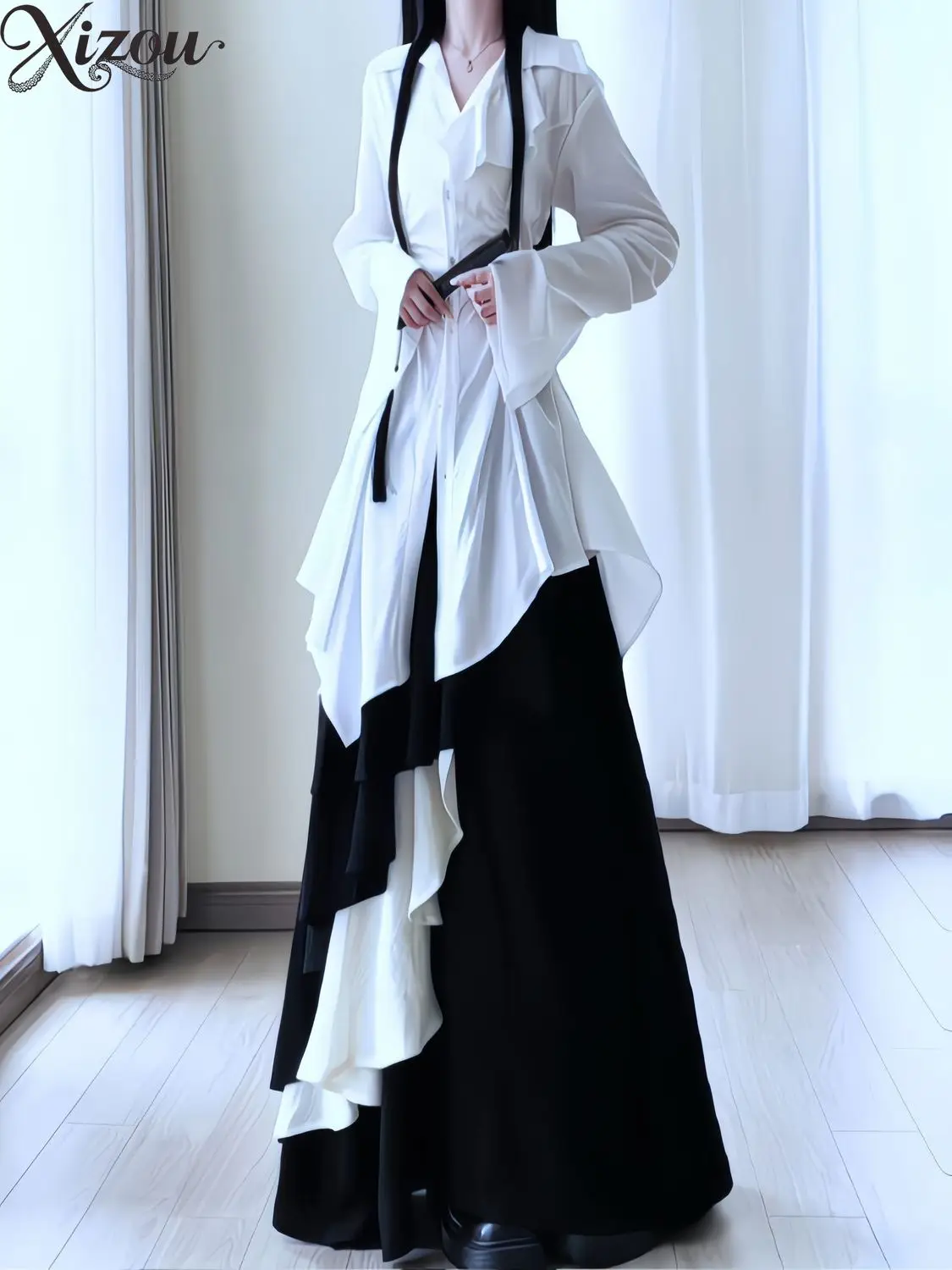 Women Irregular Ruched Waist Long Sleeve Shirt Black White Layer Skirt Pants Two Piece Dark Gothic Designer Outfit Set 2026 view 6
