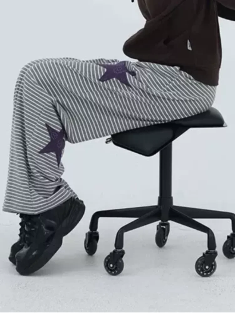 Y2K Harajuku Hot Girl Purple Star Embroidered Tube Loose Striped Pants Autumn/Winter Women's Grey White fleece-lined Pants emo