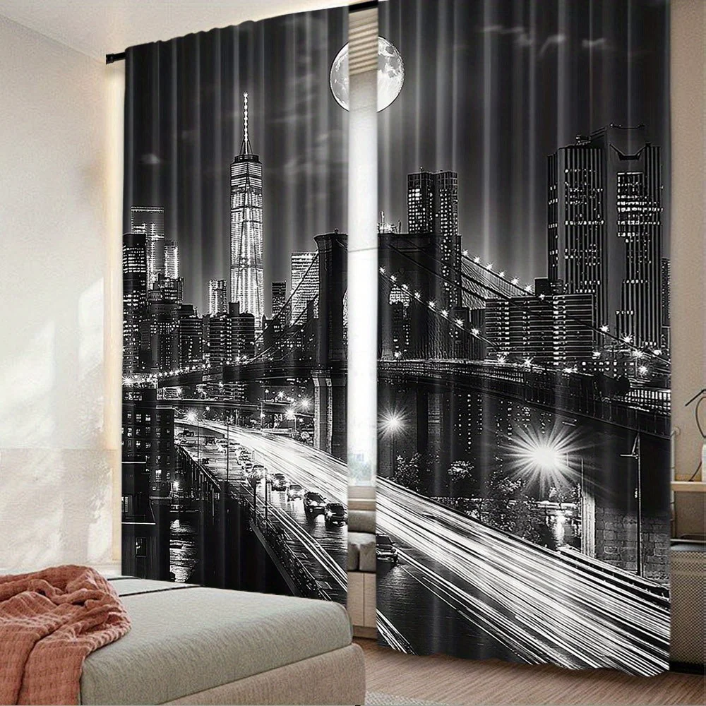 Black White City Night Curtain, Urban Skyline & Bridge Moonlight Print Drape, Modern Metropolis Scenery Window Treatment for
