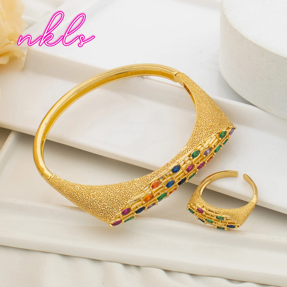 Luxury Colored Zircon Cuff Bangles with Ring Set Arab Gold Color Bracelet 18k Gold Plated Copper Bracelet Arm Vintage Jewelry