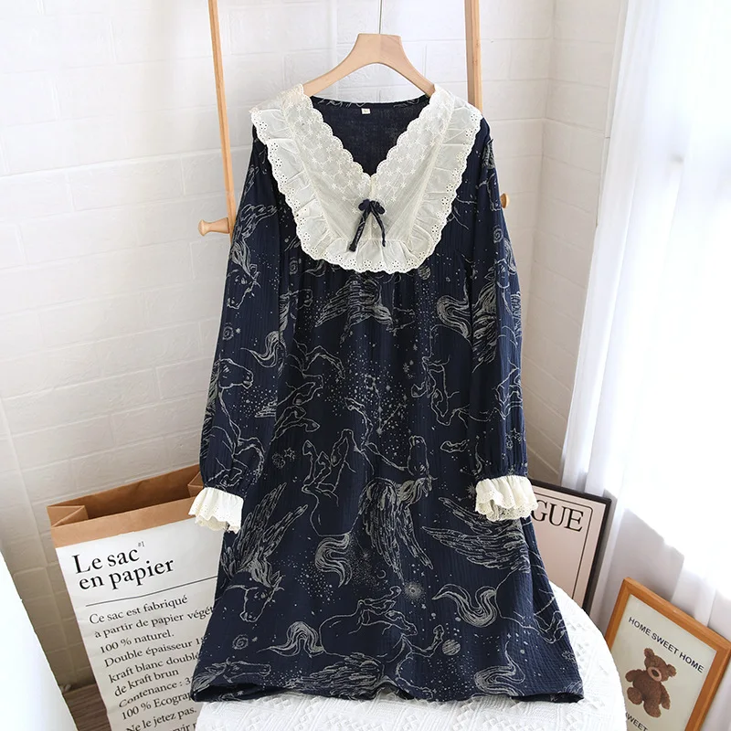 

Spring And Autumn New Starry Sky Lace Neck Sleepwear For Women's Large Size Home Furnishings Casual Comfortable Sleepwear