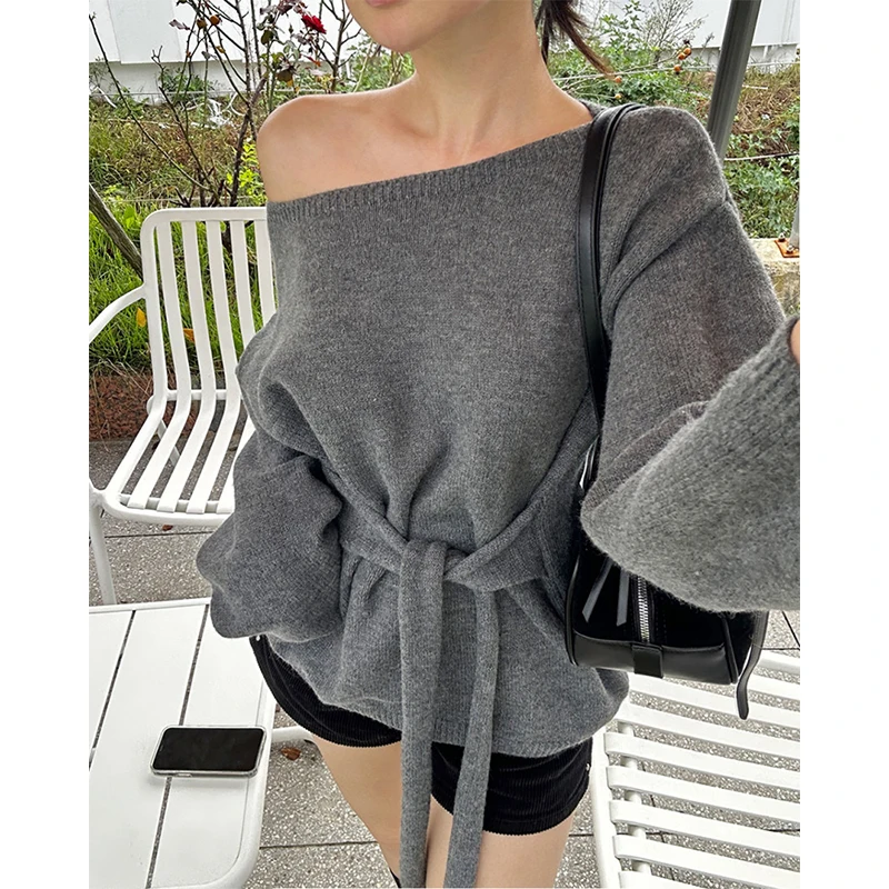 

Свитер с открытыми плечами, женская модная уличная одежда, вязаные пуловеры на шнуровке, корейский трикотаж с длинными рукавами, зимний дизайн, джемперы, новинка