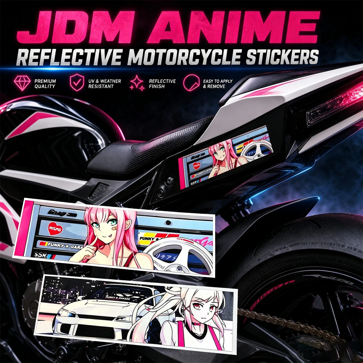 JDM Anime Street Racer Girl Vinyl Reflektierende Motorrad-Aufkleber Moto Roller Karosserie Helm Kraftstofftank Dekor Zubehör Aufkleber