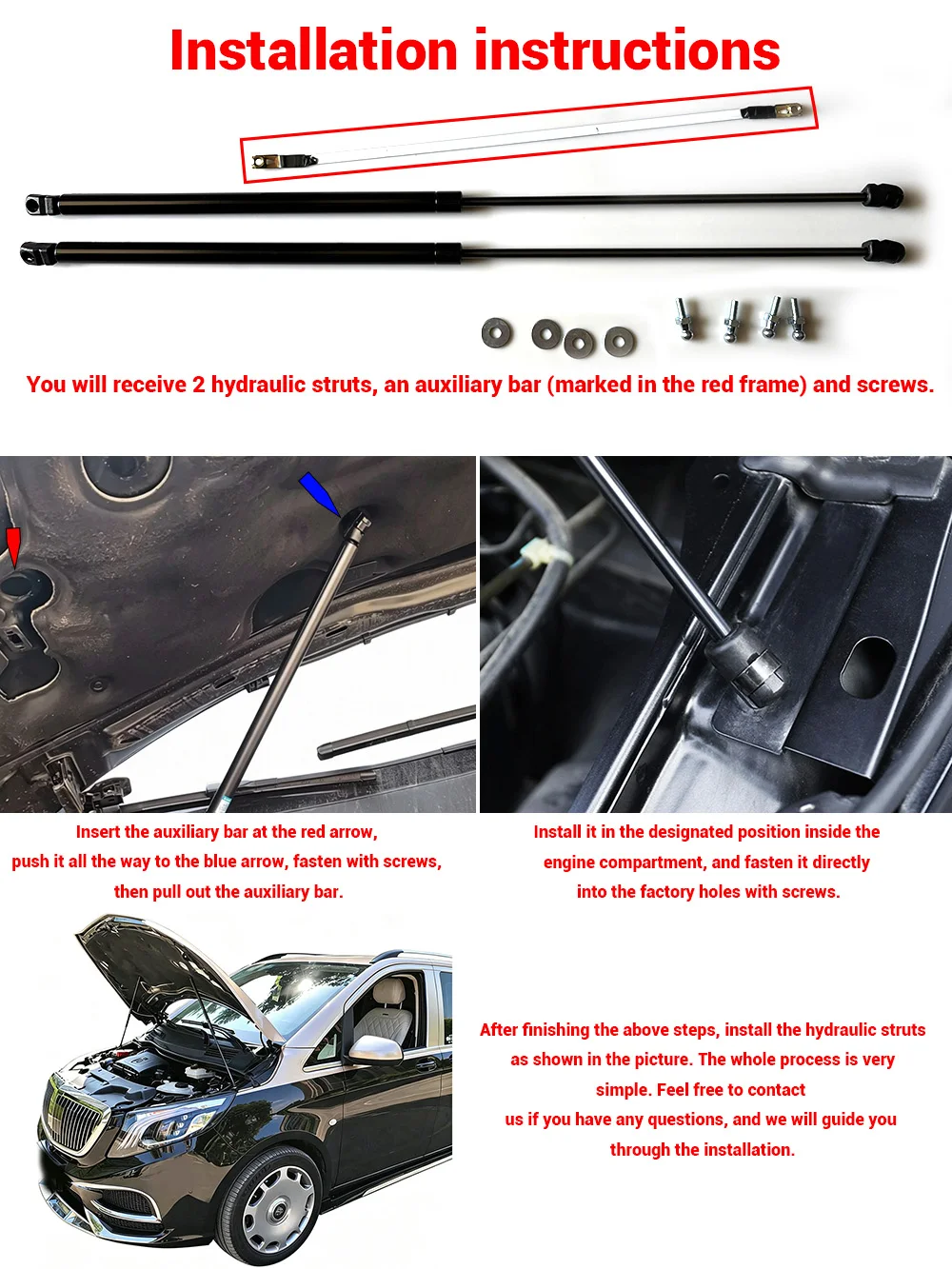 Car Bonnet Cover Lift Support Spring Shock Strut Bars Gas Rod for Benz Vito Viano V-class Marco Polo Metris W447 2014-2022