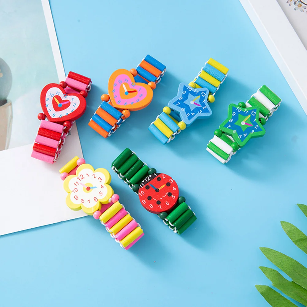

6Pcs Kids Wooden Watch Cartoon Bright Educational Plaything Interactive Learning Gift Early Childhood Time Cognitive