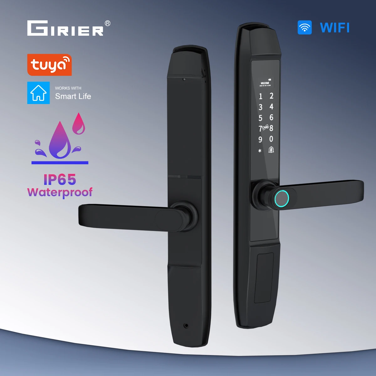 GIRIER D1pro Tuya WiFi Smart Door Lock with Fingerprint Password Keycard APP Remote Unlock IP65 Waterproof Supports 2-way Audio