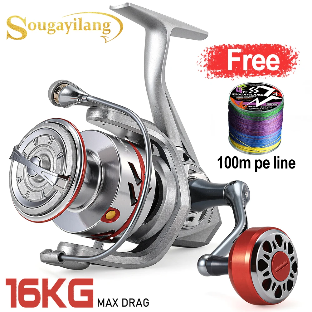 Sougayilang 1500–5000 Spinn-Angelrolle, Spule aus Aluminiumlegierung, maximale Zugkraft 16 kg, 3 + 1 BB-Rolle, frei von 100 ml, Barsch-Süßwasserangeln