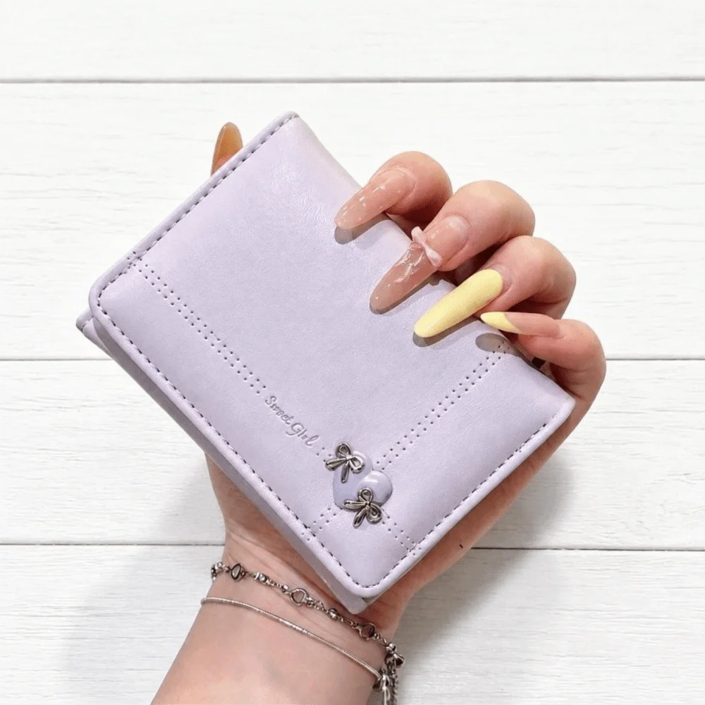 Simple Large Capacity Love Bow Wallet Multi-card Slot Foldable Tri-fold Short Wallet PU Leather Compact Card Holder Travel