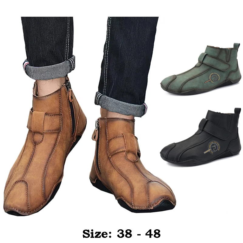 

High quality ankle length high top leather boots for men round toe new 2025 autumn winter hiking outdoor casual shoe green brown
