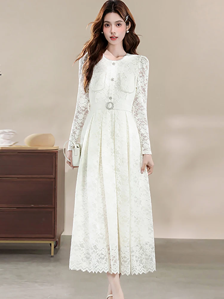 

2025 White Lace Jacquard Pleated Long Dress Women Elegant Bodycon Bandage Dress Autumn Winter Korean Vintage Luxury Night Dress
