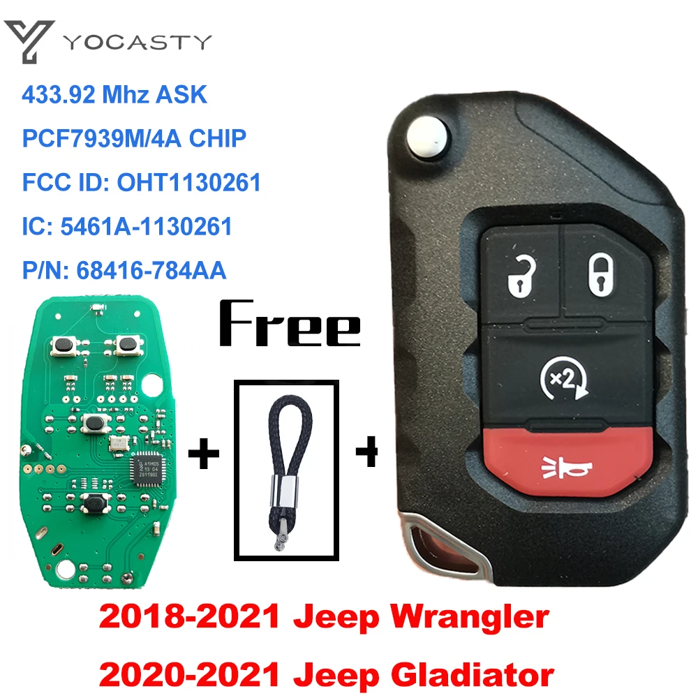 Chave esperta keyless 433mhz da aleta de yocasty oht1130261 68416-782aa 3btn com microplaqueta do oem pcf7939m para 2018 2019 jeep wrangler