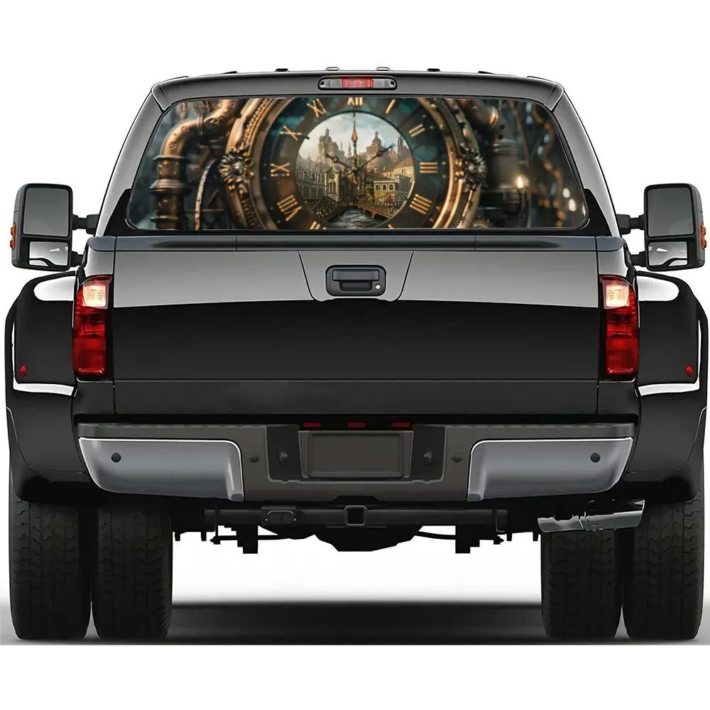 

Steampunk Urban Clock Car Accessories Rear Windshield Sticker, Truck Window See Through Perforated Window Car Vinyl Wraps Decal