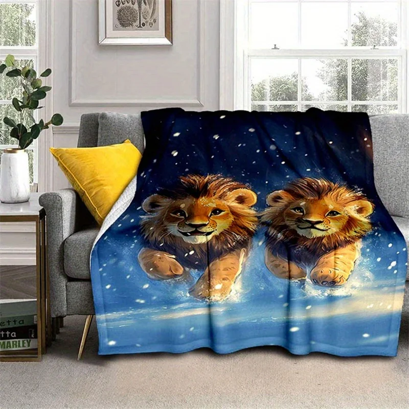 Cartoon Lovely Baby Lions Snowfall Winter Sky Background Pattern Flannel Fleece Blanket Warm Plush Bed Throw for Living Room