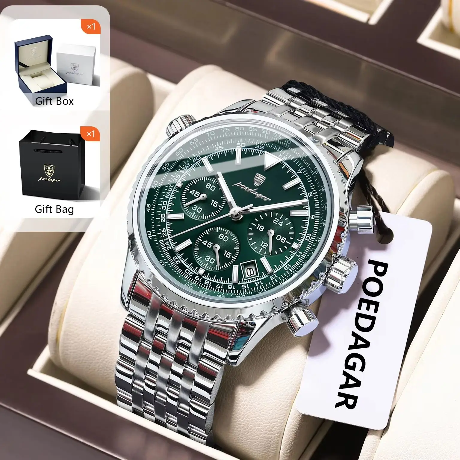 

POEDAGAR Роскошные часы для мужчин, хронограф с датой, мужские часы из нержавеющей стали, водонепроницаемые светящиеся спортивные военные мужские кварцевые часы